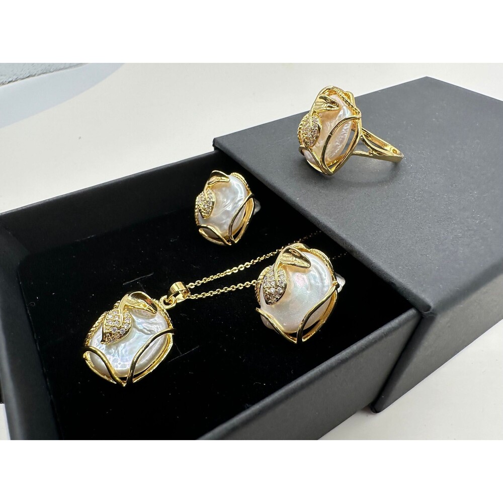 White baroque pearl set of 3, earrings, necklace, ring,  stud, open ring